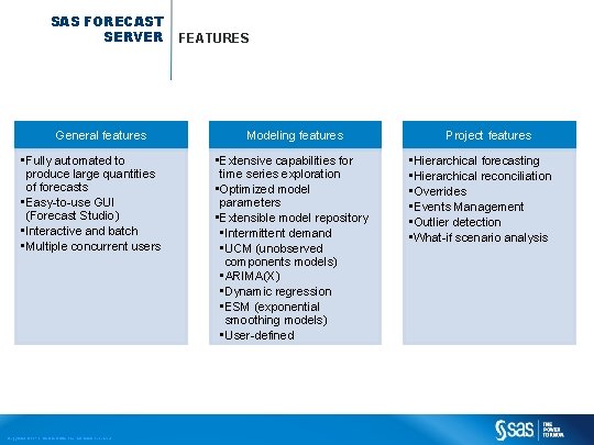 SAS FORECAST SERVER General features • Fully automated to produce large quantities of forecasts SAS FORECAST SERVER General features • Fully automated to produce large quantities of forecasts
