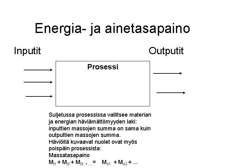 Energia- ja ainetasapaino Inputit Outputit Prosessi Suljetussa prosessissa vallitsee materian ja energian häviämättömyyden laki: