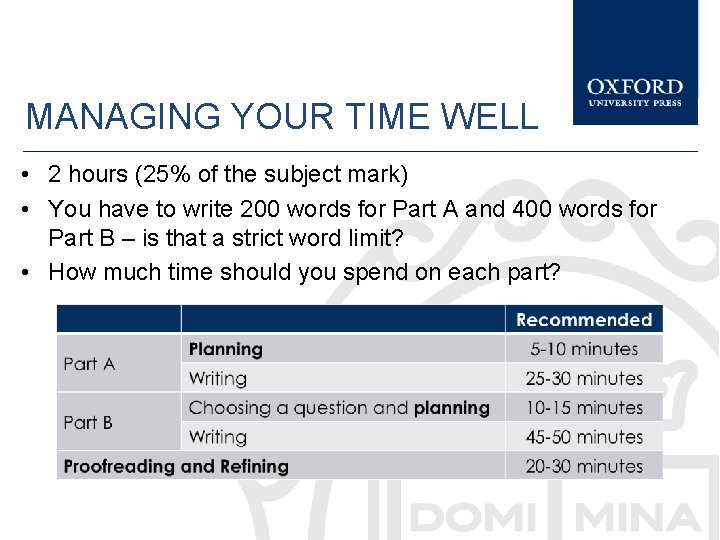 MANAGING YOUR TIME WELL • 2 hours (25% of the subject mark) • You