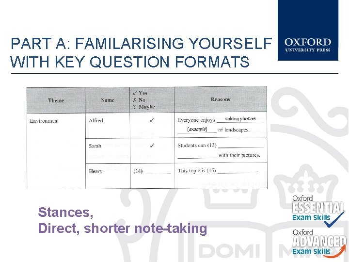 PART A: FAMILARISING YOURSELF WITH KEY QUESTION FORMATS Stances, Direct, shorter note-taking 