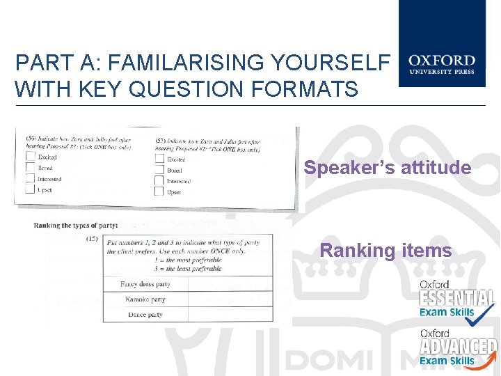 PART A: FAMILARISING YOURSELF WITH KEY QUESTION FORMATS Speaker’s attitude Ranking items 