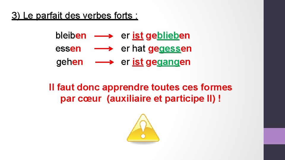 3) Le parfait des verbes forts : bleiben essen gehen er ist geblieben er