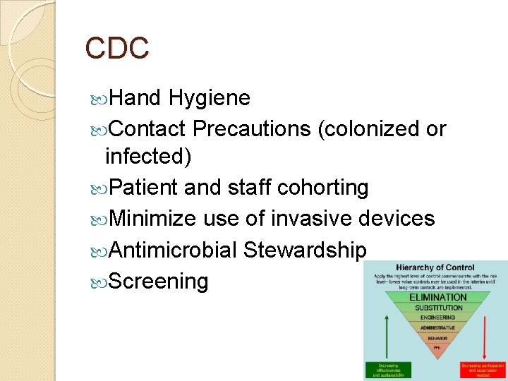 CDC Hand Hygiene Contact Precautions (colonized or infected) Patient and staff cohorting Minimize use