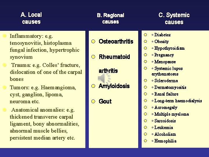 A. Local causes l Inflammatory: e. g. tenosynovitis, histoplasma fungal infection, hypertrophic synovium l