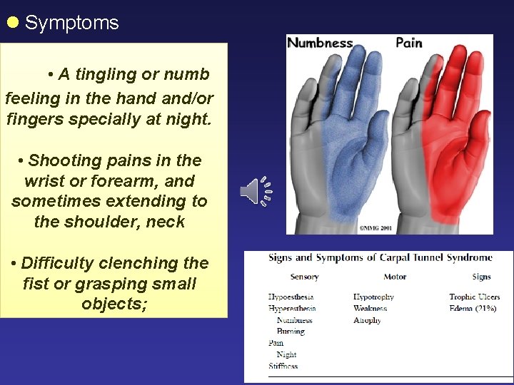 l Symptoms • A tingling or numb feeling in the hand and/or fingers specially