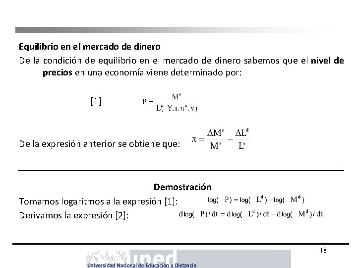 Equilibrio en el mercado de dinero De la condición de equilibrio en el mercado Equilibrio en el mercado de dinero De la condición de equilibrio en el mercado