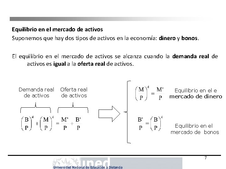 Equilibrio en el mercado de activos Suponemos que hay dos tipos de activos en Equilibrio en el mercado de activos Suponemos que hay dos tipos de activos en