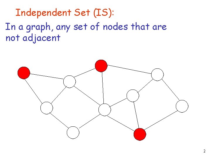 Independent Set (IS): In a graph, any set of nodes that are not adjacent