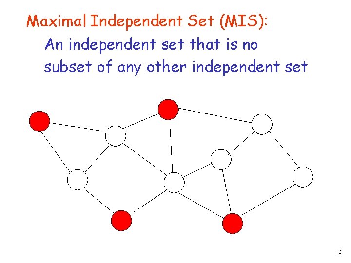 Maximal Independent Set (MIS): An independent set that is no subset of any other