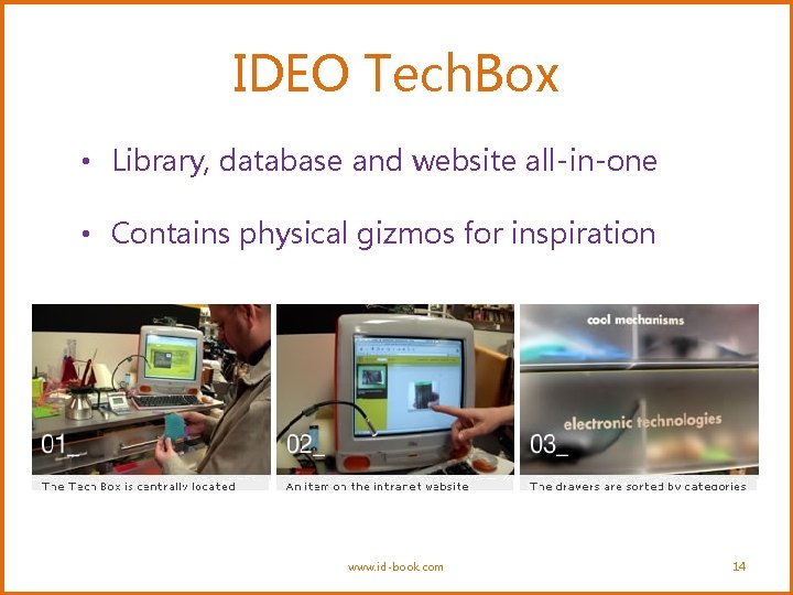 IDEO Tech. Box • Library, database and website all-in-one • Contains physical gizmos for