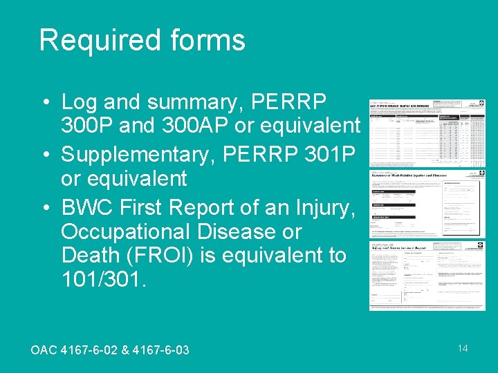 Required forms • Log and summary, PERRP 300 P and 300 AP or equivalent