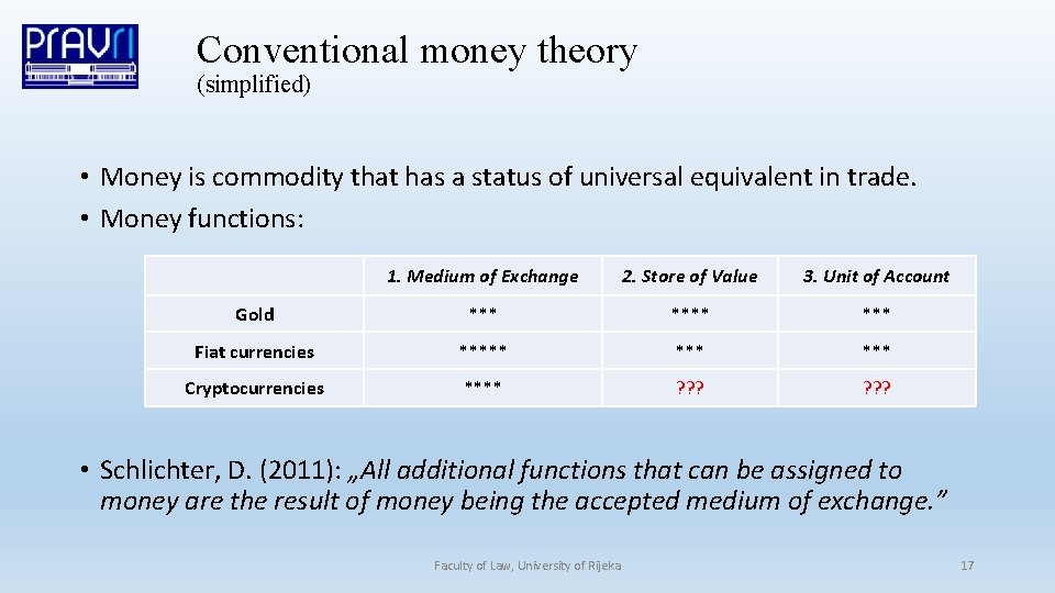 Conventional money theory (simplified) • Money is commodity that has a status of universal