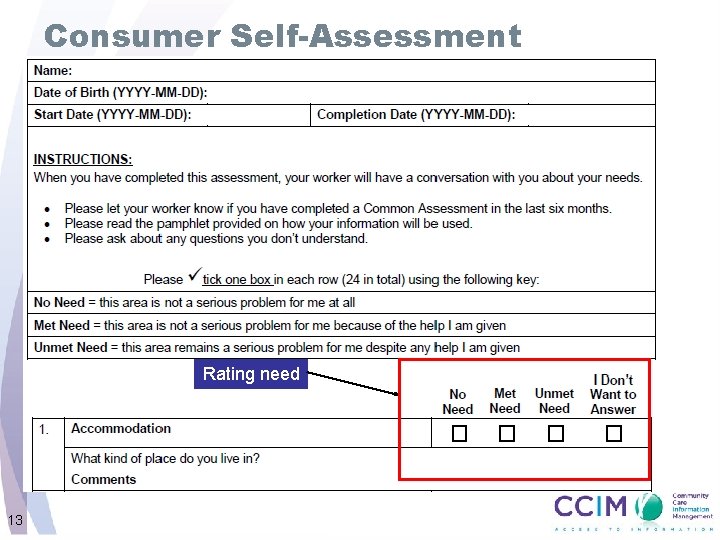 Consumer Self-Assessment Rating need 13 