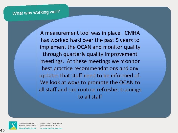 What was working well? A measurement tool was in place. CMHA has worked hard