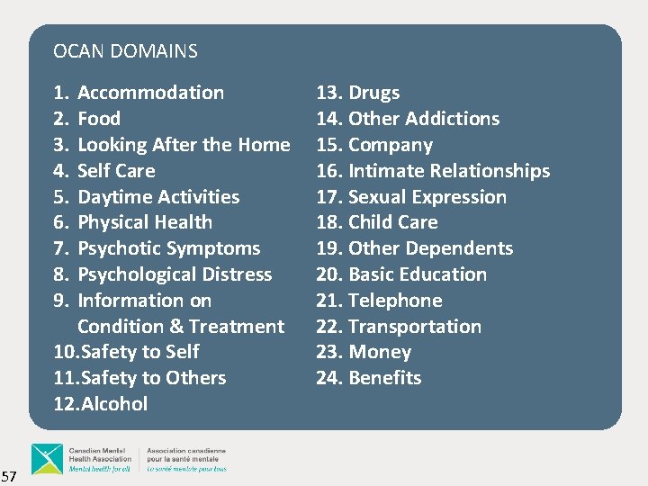 OCAN DOMAINS 1. 2. 3. 4. 5. 6. 7. 8. 9. Accommodation Food Looking