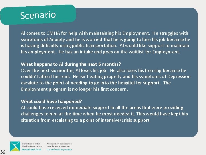 Scenario Al comes to CMHA for help with maintaining his Employment. He struggles with