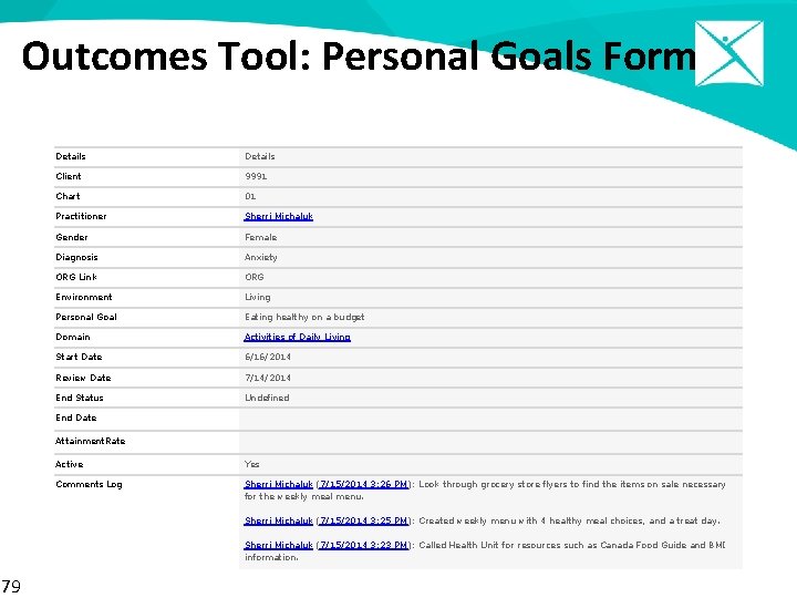 Outcomes Tool: Personal Goals Form Details Client 9991 Chart 01 Practitioner Sherri Michaluk Gender