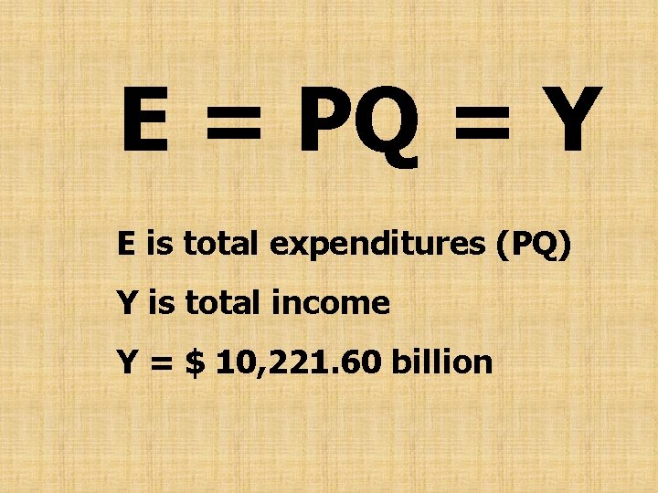 E = PQ = Y E is total expenditures (PQ) Y is total income
