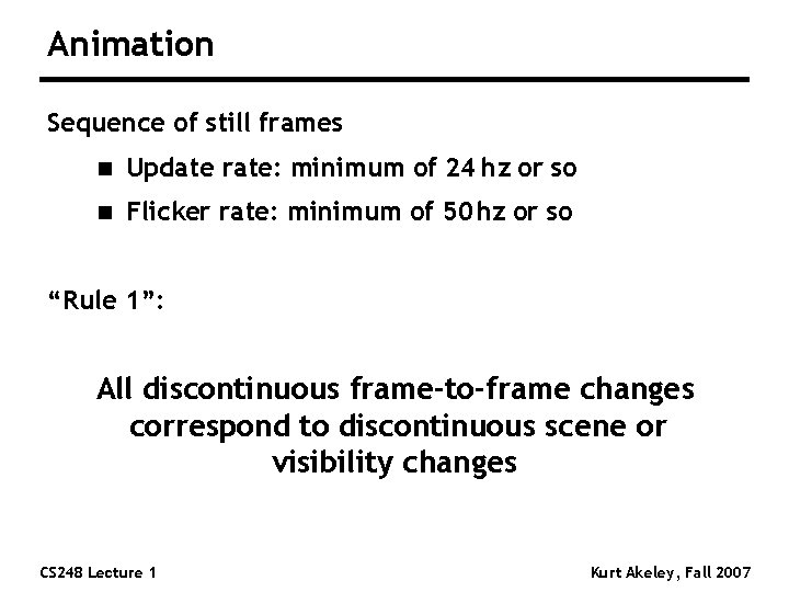 Animation Sequence of still frames n Update rate: minimum of 24 hz or so Animation Sequence of still frames n Update rate: minimum of 24 hz or so