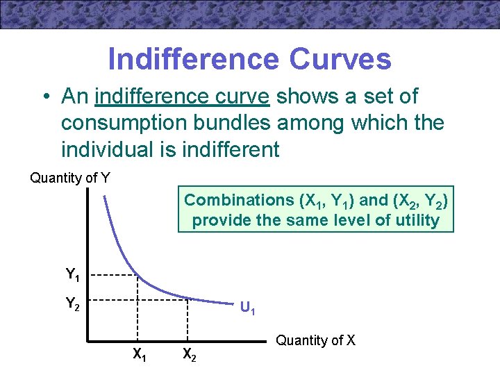 Indifference Curves • An indifference curve shows a set of consumption bundles among which