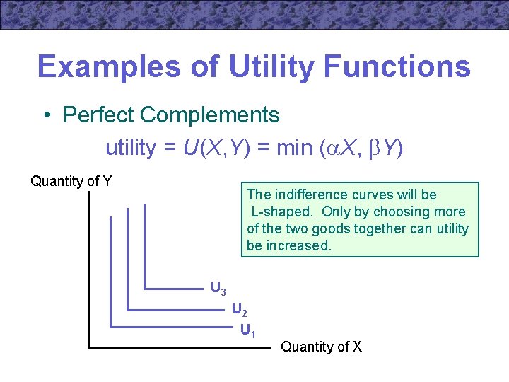 Examples of Utility Functions • Perfect Complements utility = U(X, Y) = min (
