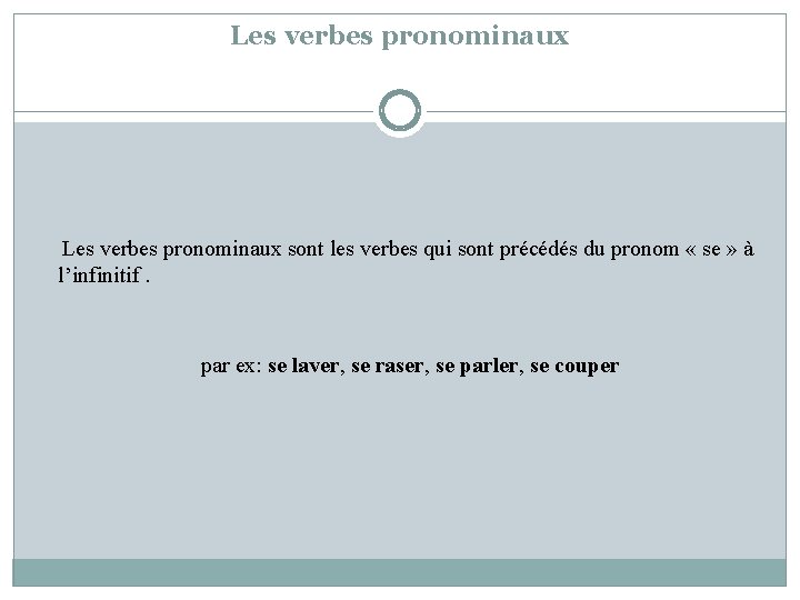 Les verbes pronominaux Les verbes pronominaux sont les verbes qui sont précédés du pronom