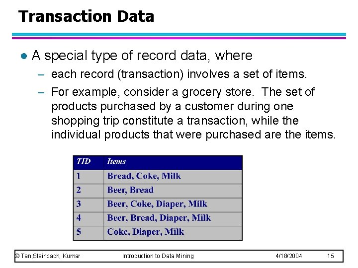 Transaction Data l A special type of record data, where – each record (transaction)