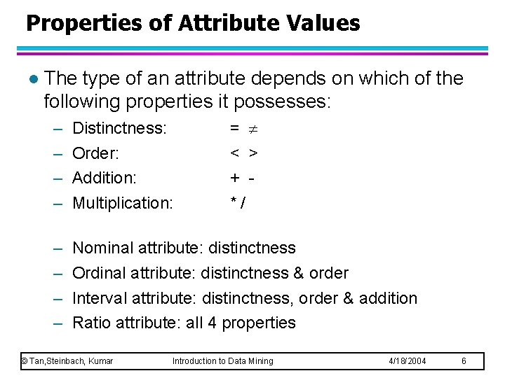 Properties of Attribute Values l The type of an attribute depends on which of