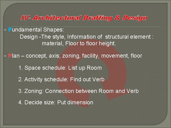 IV- Architectural Drafting & Design - Fundamental Shapes: Design -The style, Information of structural