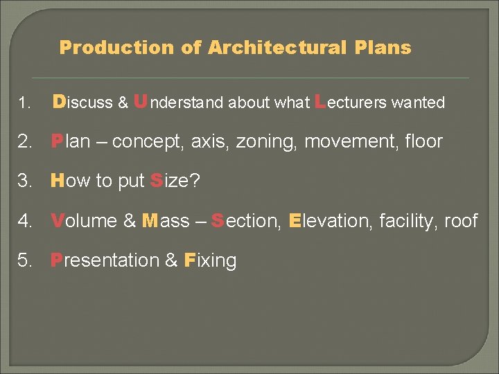 Production of Architectural Plans 1. Discuss & Understand about what Lecturers wanted 2. Plan