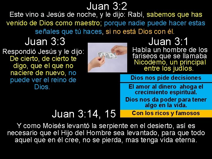 Juan 3: 2 Este vino a Jesús de noche, y le dijo: Rabí, sabemos