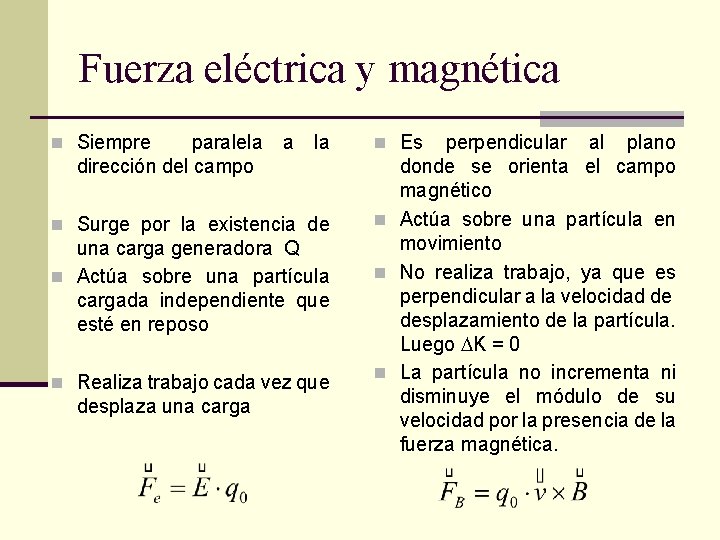 Fuerza eléctrica y magnética n Siempre paralela a la dirección del campo n Surge