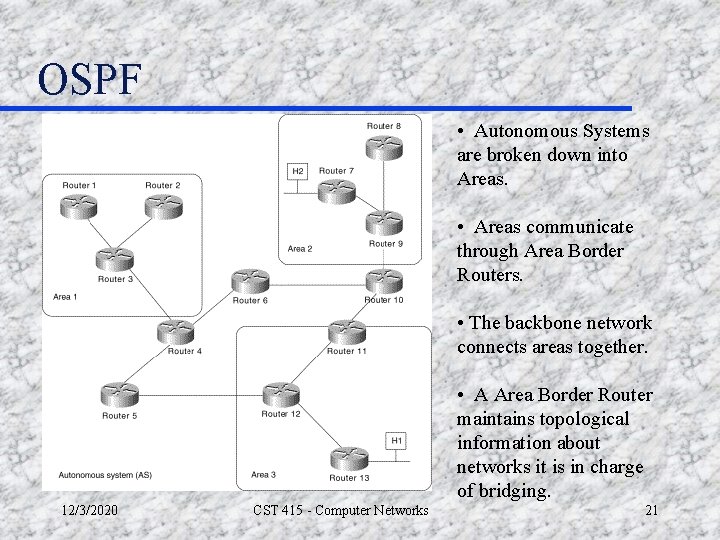 OSPF • Autonomous Systems are broken down into Areas. • Areas communicate through Area