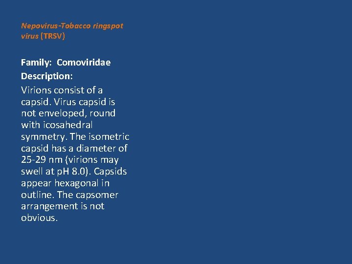 Nepovirus-Tobacco ringspot virus (TRSV) Family: Comoviridae Description: Virions consist of a capsid. Virus capsid
