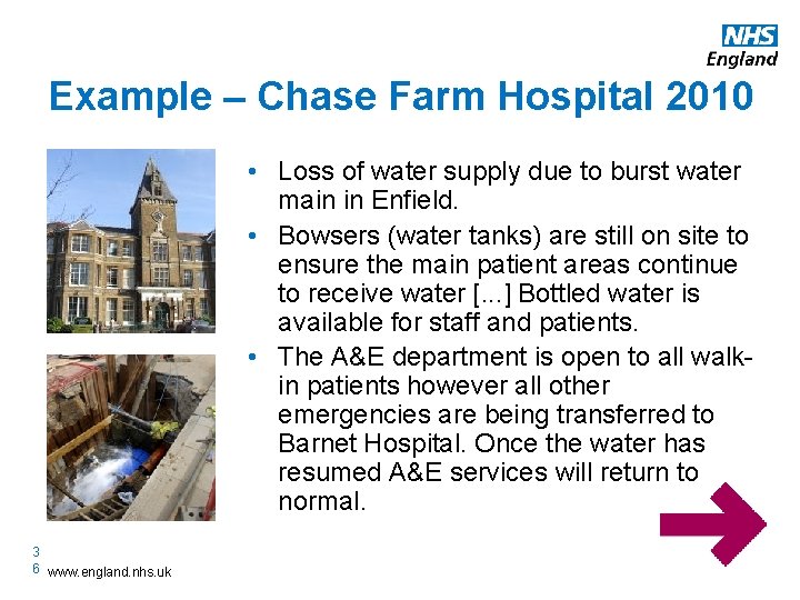 Example – Chase Farm Hospital 2010 • Loss of water supply due to burst