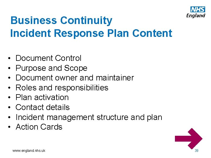 Business Continuity Incident Response Plan Content • • Document Control Purpose and Scope Document