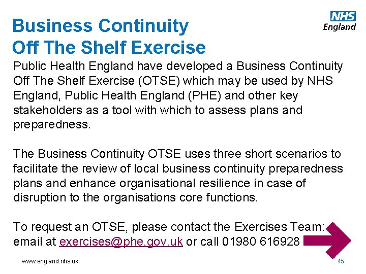 Business Continuity Off The Shelf Exercise Public Health England have developed a Business Continuity