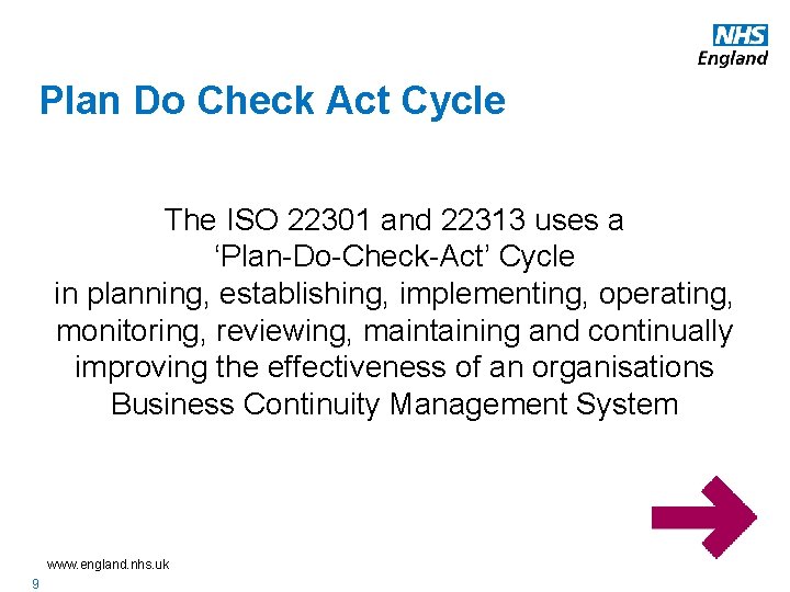 Plan Do Check Act Cycle The ISO 22301 and 22313 uses a ‘Plan-Do-Check-Act’ Cycle