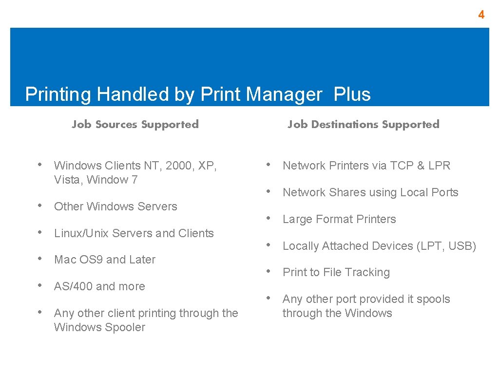 4 Printing Handled by Print Manager Plus Job Destinations Supported Job Sources Supported • 4 Printing Handled by Print Manager Plus Job Destinations Supported Job Sources Supported •