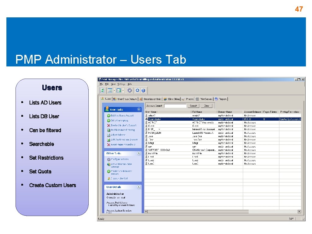 47 PMP Administrator – Users Tab Users • Lists AD Users • Lists DB 47 PMP Administrator – Users Tab Users • Lists AD Users • Lists DB