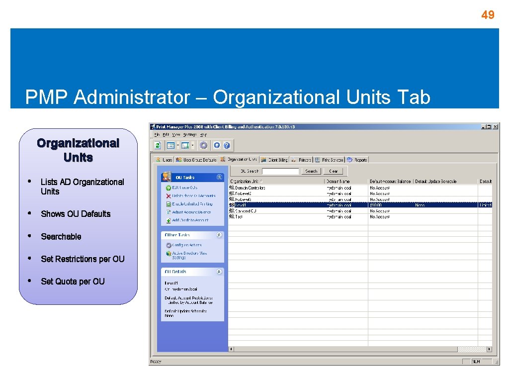 49 PMP Administrator – Organizational Units Tab Organizational Units • Lists AD Organizational Units 49 PMP Administrator – Organizational Units Tab Organizational Units • Lists AD Organizational Units