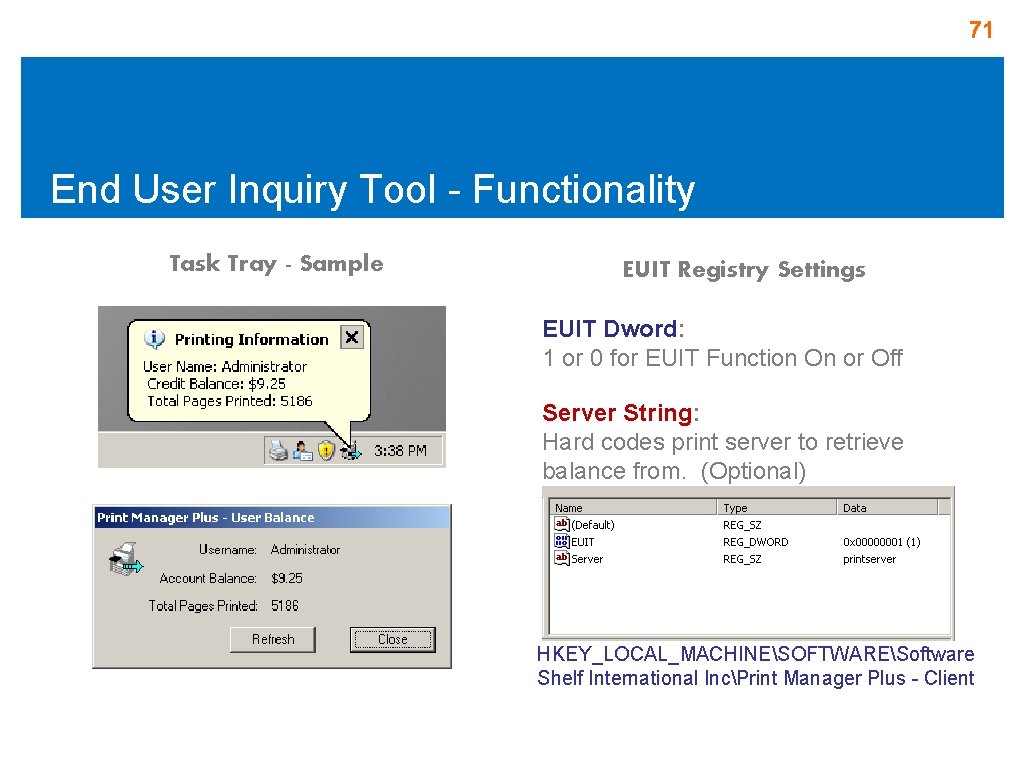 71 End User Inquiry Tool - Functionality Task Tray - Sample EUIT Registry Settings 71 End User Inquiry Tool - Functionality Task Tray - Sample EUIT Registry Settings