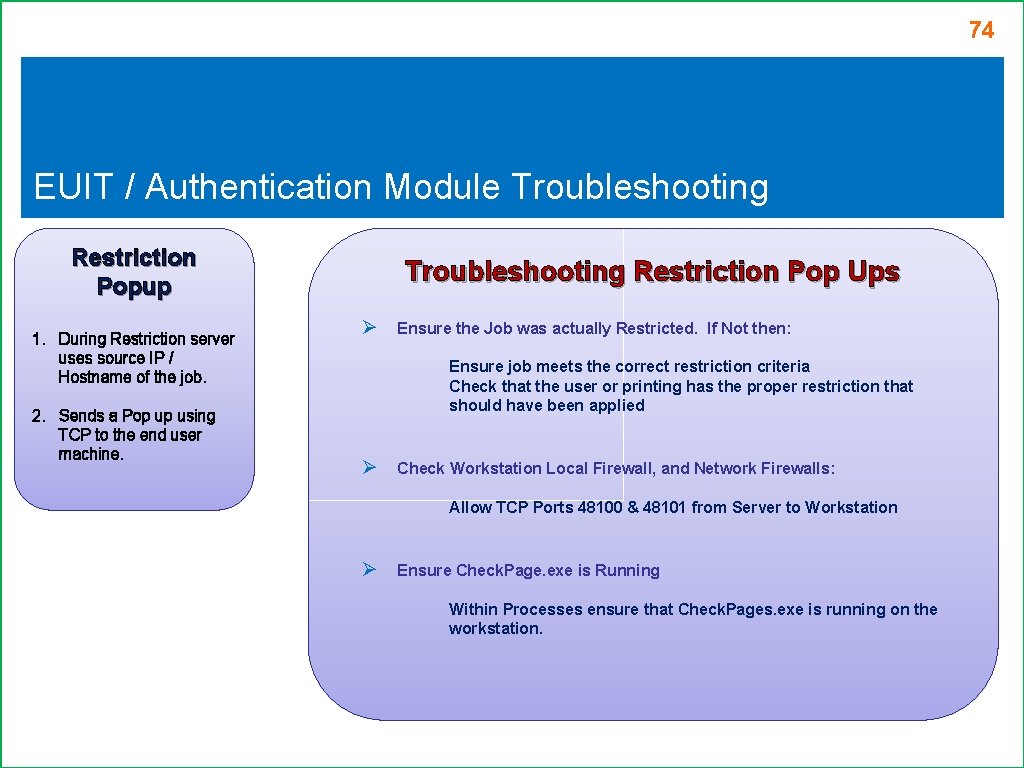 74 EUIT / Authentication Module Troubleshooting Restriction Popup 1. During Restriction server uses source 74 EUIT / Authentication Module Troubleshooting Restriction Popup 1. During Restriction server uses source
