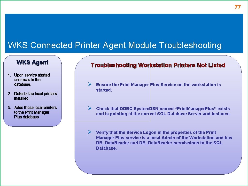 77 WKS Connected Printer Agent Module Troubleshooting WKS Agent 1. Upon service started connects 77 WKS Connected Printer Agent Module Troubleshooting WKS Agent 1. Upon service started connects