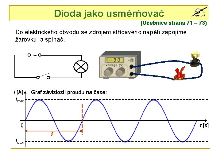 Dioda jako usměrňovač (Učebnice strana 71 – 73) Do elektrického obvodu se zdrojem střídavého