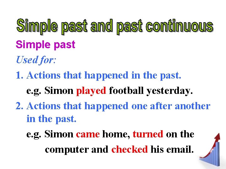 Simple past Used for: 1. Actions that happened in the past. e. g. Simon Simple past Used for: 1. Actions that happened in the past. e. g. Simon
