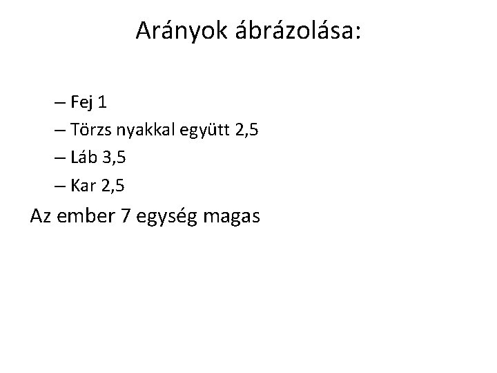 Arányok ábrázolása: – Fej 1 – Törzs nyakkal együtt 2, 5 – Láb 3,