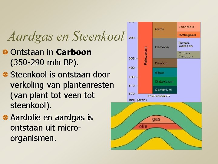 Aardgas en Steenkool Ontstaan in Carboon (350 -290 mln BP). Steenkool is ontstaan door