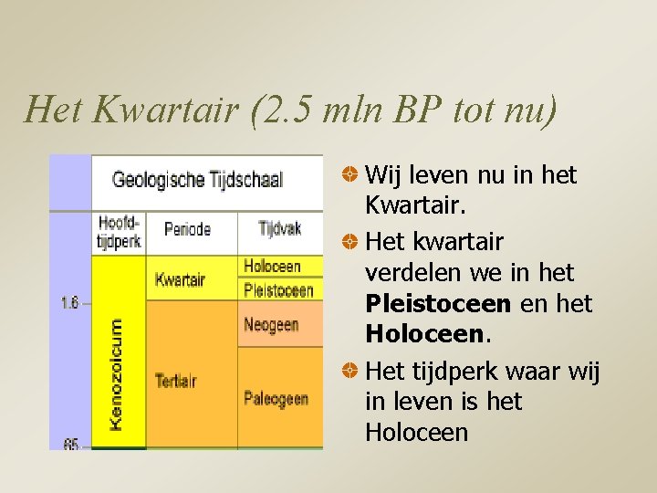 Het Kwartair (2. 5 mln BP tot nu) Wij leven nu in het Kwartair.