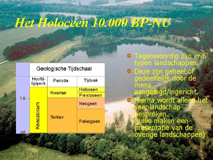 Het Holoceen 10. 000 BP-NU Tegenwoordig zijn er 6 typen landschappen. Deze zijn geheel